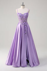 A-Line Purple Floral Beaded Spaghetti Straps Long Prom Dress with Slit