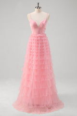 A-Line Pink Tiered Spaghetti Strap Long Prom Dress