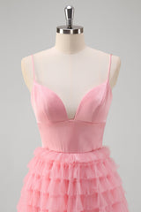 A-Line Pink Tiered Spaghetti Strap Long Prom Dress