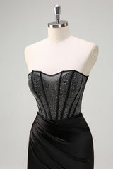 Black Mermaid Strapless Ruched Satin Corset Long Prom Dress with Beading