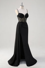 Black Mermaid Spaghetti Straps Corset Long Prom Dress with Slit