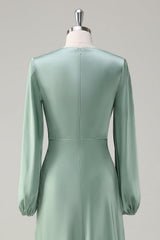 A Line Round Neck Long Sleeves Sage Bridesmaid Dress