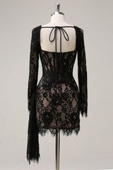 Black Sheath Corset Short Prom Dress with Long Sleeves