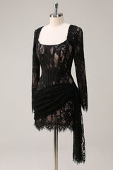 Black Sheath Corset Short Prom Dress with Long Sleeves