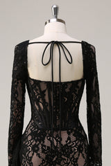Black Sheath Corset Short Prom Dress with Long Sleeves