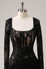 Black Sheath Corset Short Prom Dress with Long Sleeves