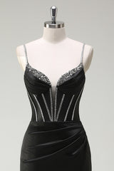 Black Mermaid Spaghetti Straps Corset Long Prom Dress With Slit