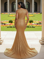 Beaded Rhinestone Plunging V-Neck Sequin Mermaid Dress Gold