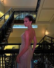 Vintage Shiny Sequin Sheath Prom Dress V-neck Evening Dress Long Formal Dress HZ1024