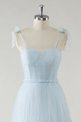 A-Line Bow Tie Straps Sky Blue Tulle Long Bridesmaid Dress
