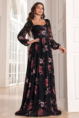 A Line Long Sleeves Floral Print Black Long Prom Dress