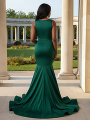 Plunging V-Neck Beaded Rhinestone Mermaid Dress Dark Green