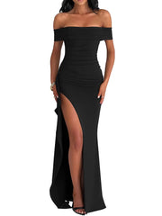 Wholesale Women's Elegant Bodycon Off Shoulder Sleeveless High Split Ruched Long Formal Evening Dress prom dresses shops