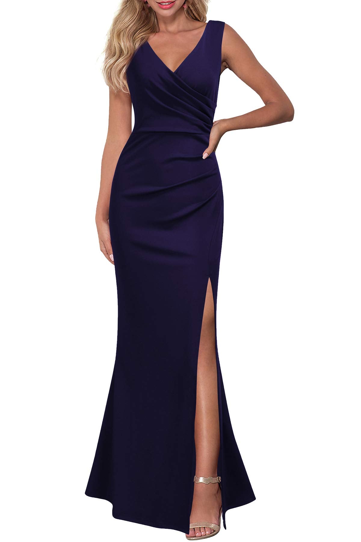 Navy Blue Women Evening Cocktail Dress Sleeveless V Neck Split Long Formal Prom Dress