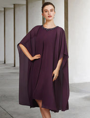 Two Piece Sheath / Column Mother of the Bride Dress Elegant Jewel Neck Knee Length Chiffon Lace Sleeveless with Beading