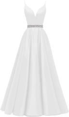 Spaghetti Stracles Robe de bal Long Satin perle en V V Vandes de balle de fête de soirée avec poches
