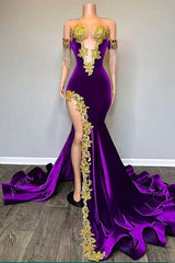 Uit de schouder v-neck gouden appliques zeemeermin velvert prom-jurken