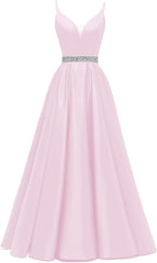 Spaghetti Stracles Robe de bal Long Satin perle en V V Vandes de balle de fête de soirée avec poches