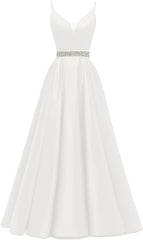 Spaghetti Stracles Robe de bal Long Satin perle en V V Vandes de balle de fête de soirée avec poches