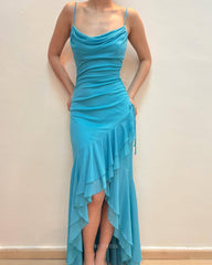 Mermaid Spaghetti Straps Vintage Blue Ruffle formal dresses Bridesmaid Dresses evening gown Prom Dress