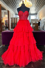 Strapless Tulle Sweetheart Tiered A-Line Long Prom Dress with Ruffles