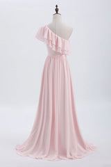 Ruffles roze een schouder Chiffon A-lijn lange bruidsmeisje jurk