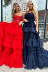Strapless Tulle Sweetheart Tiered A-Line Long Prom Dress with Ruffles