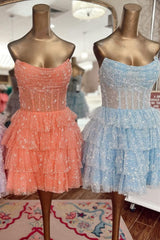 Lavender Tulle Beaded Strapless Tiered Short Gown