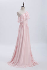 Ruffles roze een schouder Chiffon A-lijn lange bruidsmeisje jurk