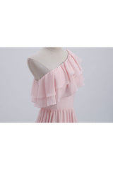 Ruffles roze een schouder Chiffon A-lijn lange bruidsmeisje jurk