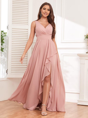 A-line V Neck Ruffle Chiffon Long formal dresses Bridesmaid Dresses evening gown Prom Dress with Slit