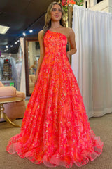 Aimishang A-Line One Shoulder Sequin Lace Long Prom Dresses Floor Length Sparkly Evening Dress