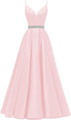 Spaghetti Stracles Robe de bal Long Satin perle en V V Vandes de balle de fête de soirée avec poches