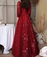 Wine Red Puffy Sleeves Tulle Long Party Dress, A-line Wine Red Floor Length Prom Dress