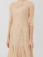 Sheath / Column Mother of the Bride Dress Classic & Timeless Elegant & Luxurious Beautiful Back Illusion Neck Knee Length Chiffon All Over Lace Half Sleeve with Appliques