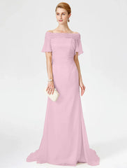 Sheath / Column Mother of the Bride Dress Elegant Off Shoulder Sweep / Brush Train Chiffon Lace Short Sleeve with Pleats