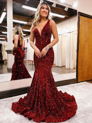 Unique Velvet Sequin Burgundy Mermaid Long Prom Dress, Sequin Formal Evening Dress