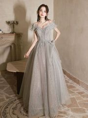 A-Line Pink Off Shoulder Tulle Sequin Long Prom Dress, Pink Long Formal Dress