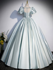 Blue A-Line Satin Long Prom Dress, Blue Satin Long Evening Dress