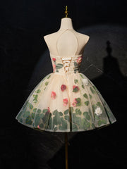 Champagne 3D Flower Tulle Short Prom Dress, Cute Champagne Homecoming Dress