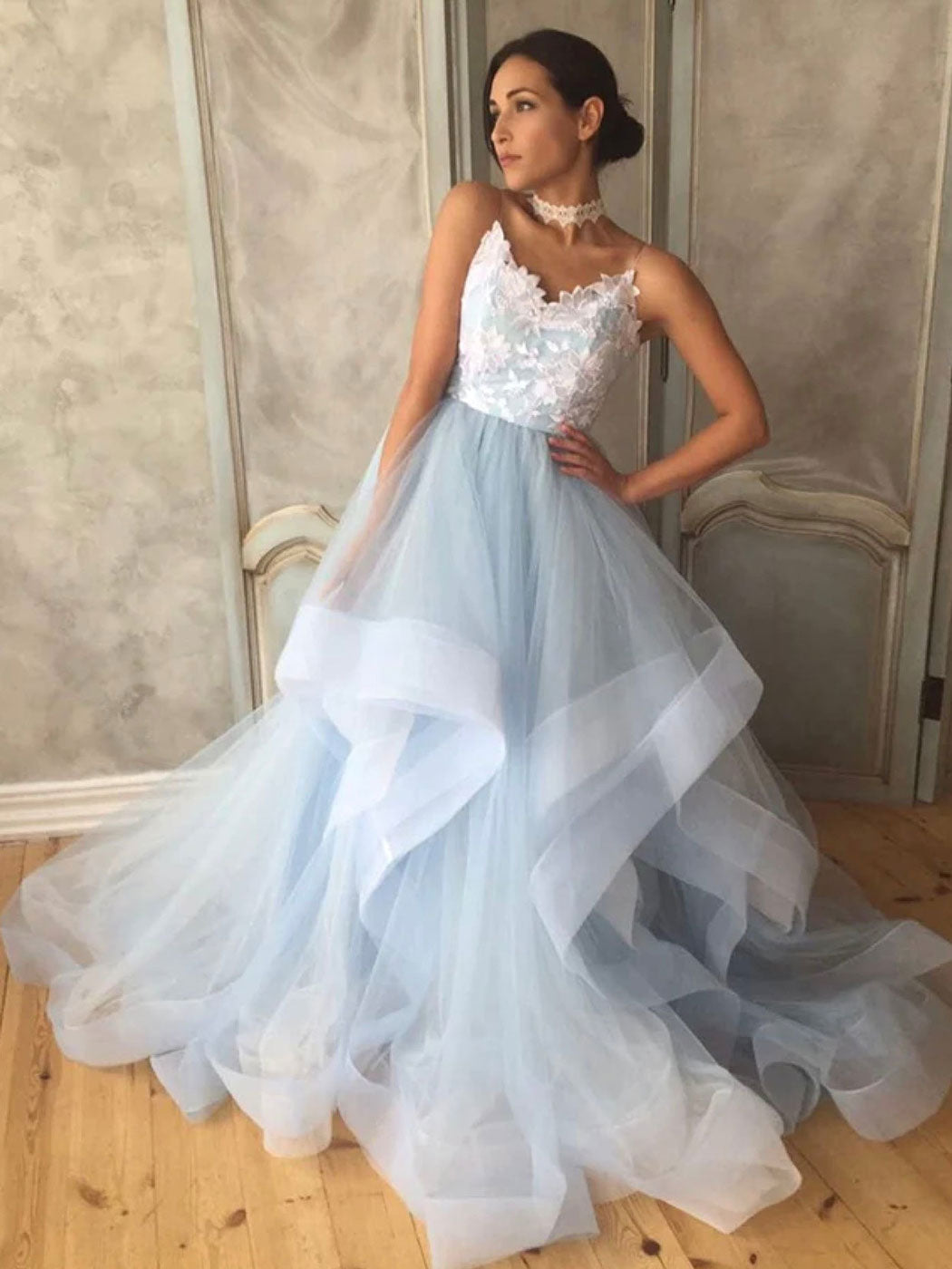 V neck tulle lace blue prom dress backless formal blue evening dress
