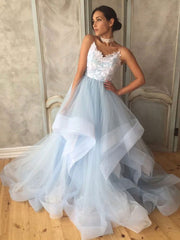 V neck tulle lace blue prom dress backless formal blue evening dress