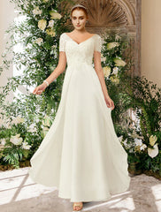 Beach Wedding Dresses A-Line V Neck Short Sleeve Floor Length Chiffon Bridal Gowns With Pleats Appliques Summer Wedding Party Women's Clothing