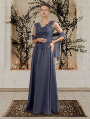 A-Line Mother of the Bride Dress Elegant V Neck Floor Length Chiffon Lace Sleeveless Shawls with Pleats Sequin Crystal Brooch