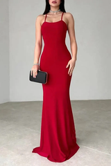 Fitted boat shaped thin shoulder strap tied party prom dress