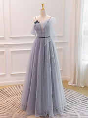 Gray A-Line Tulle Long Prom Dresses, Gray Formal Evening Dresses