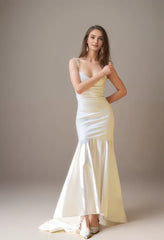 Goddess Style Pearl Beaded Spaghetti-straps Mermaid Satin wedding dress small train
