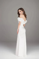 Elegant ruffled off the shoulder trumpet Italy silky satin simple wedding dress little white dress