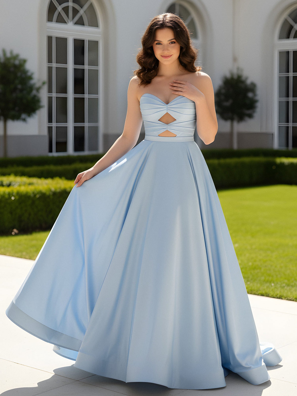 Pleated Sweetheart Satin Ball Gown With Sweep/Brush Train Sky Blue