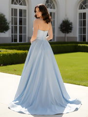 Pleated Sweetheart Satin Ball Gown With Sweep/Brush Train Sky Blue